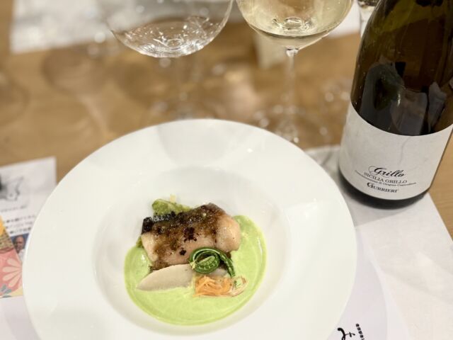 「Grillo Sicilia DOC 2023」と北海道産桜鱒の西京焼き、実鞘えんどうの焦しバターソース